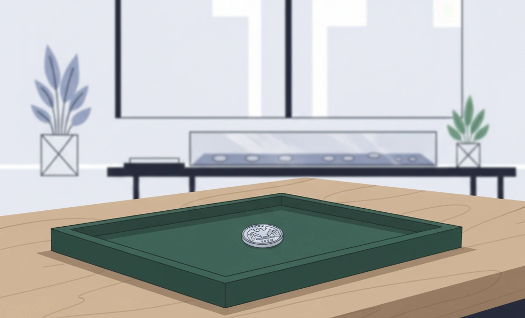 A quiet coin shop interior with a 1980 quarter centered on a felt tray