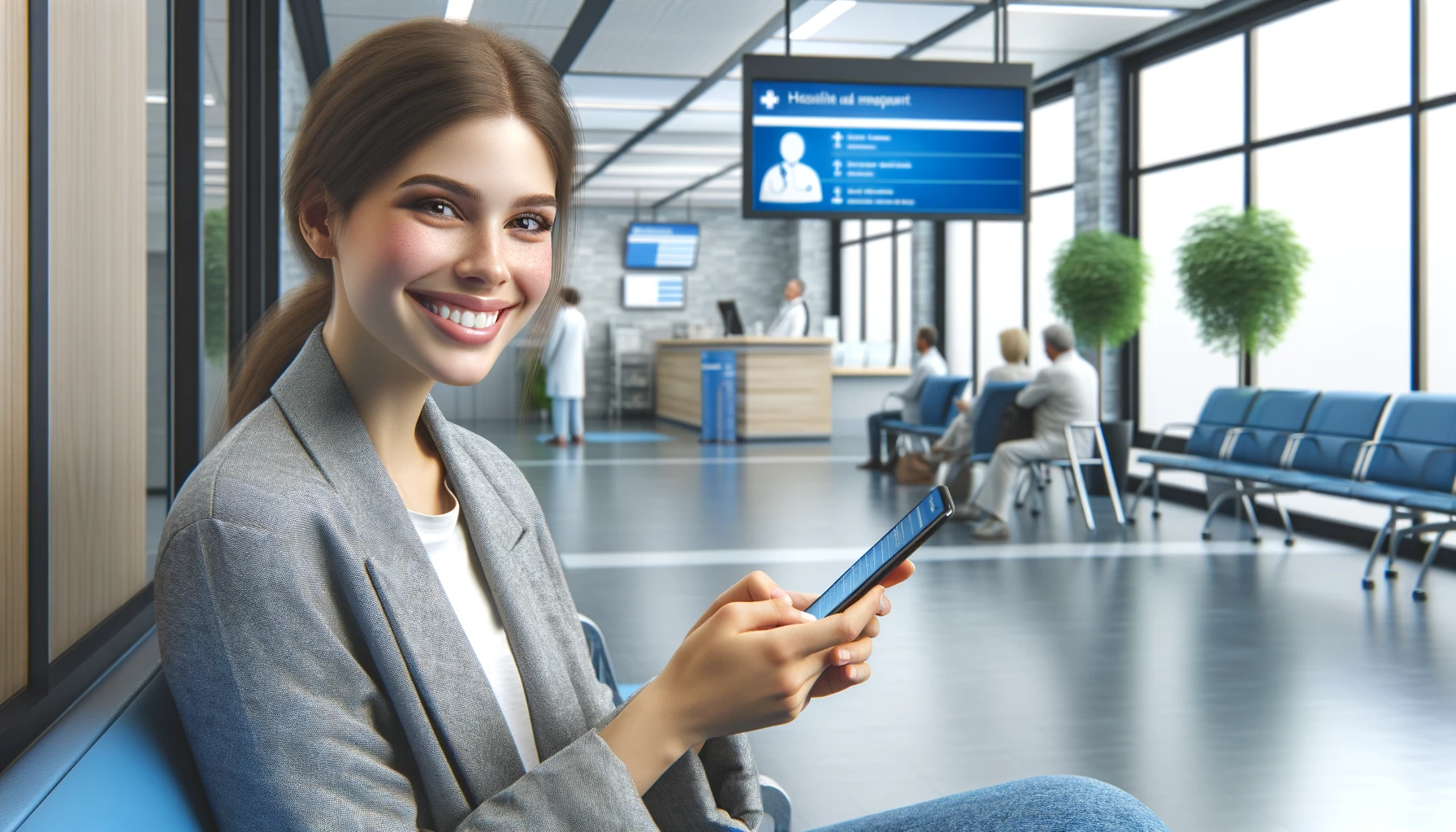  a smiling woman using her phone in a hospital setting. 