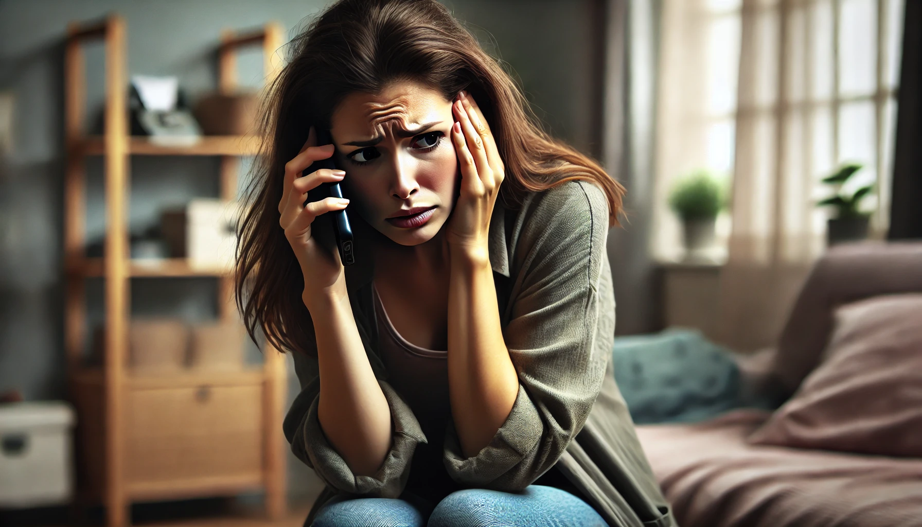 The woman in her late 30s, wearing casual clothes, appears anxious as she talks on the phone. She is in a home environment, sitting on a couch in a living room, with some personal items in the background.