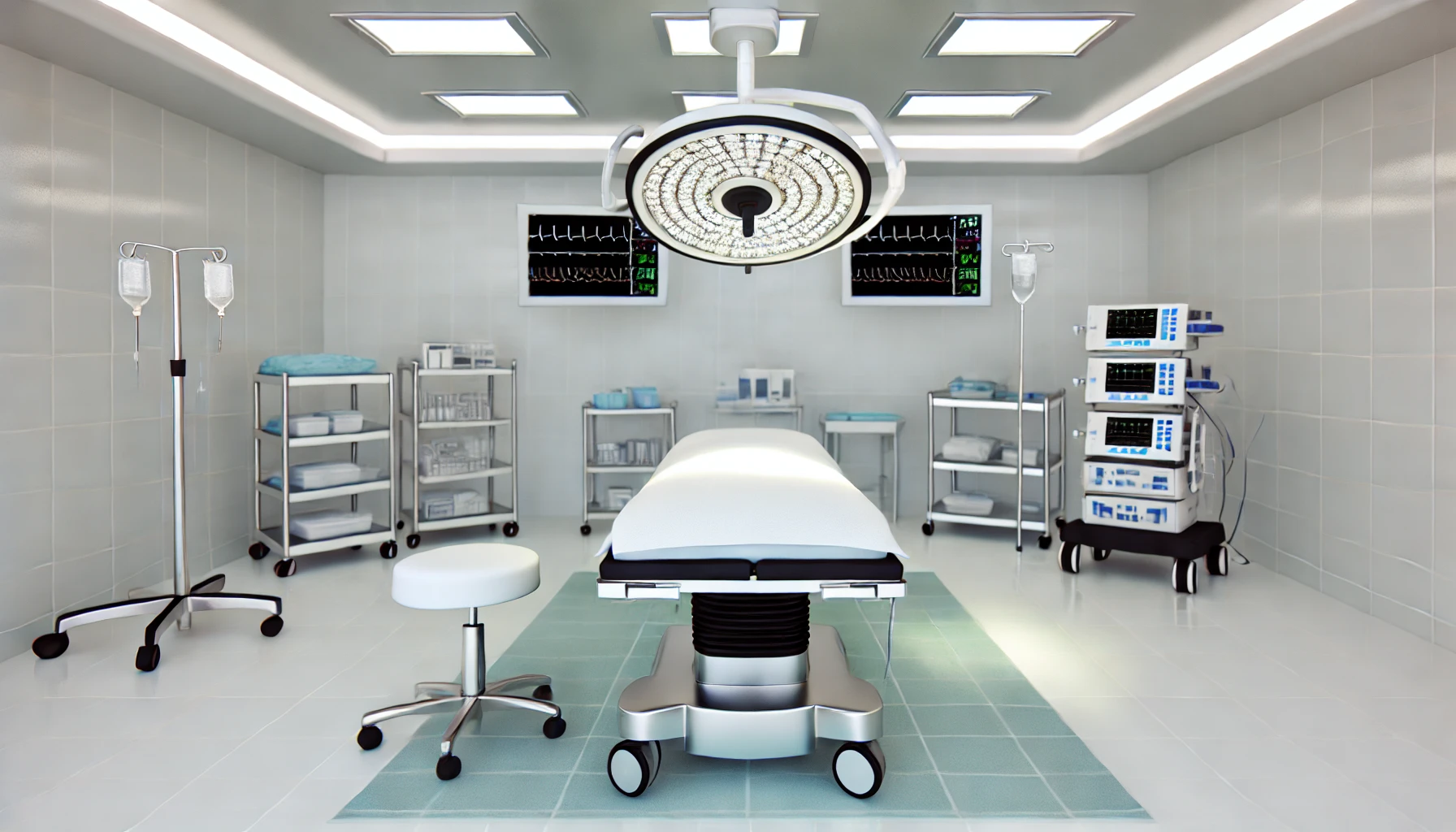 A serene and modern operating room set up for abdominoplasty with a focus on precision instruments and sterile environment, devoid of humans.