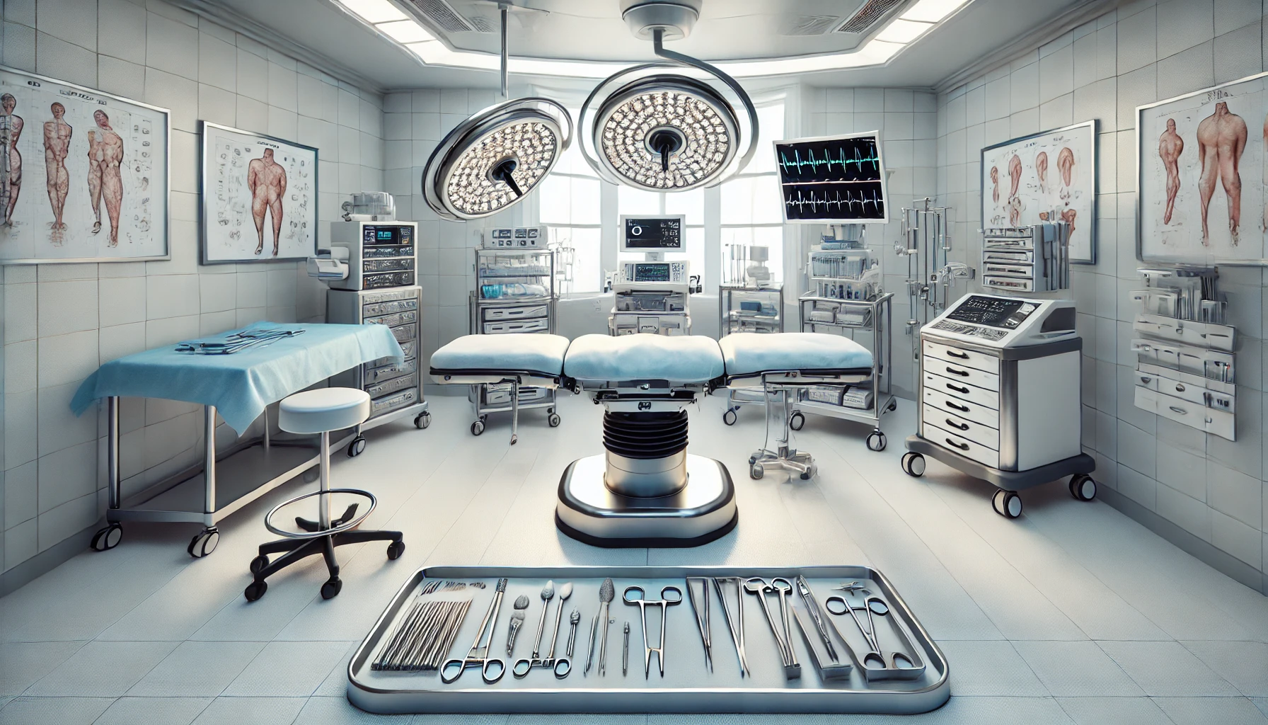 A modern surgical setup for abdominoplasty with detailed visualization of surgical tools and equipment, ready for a procedure.
