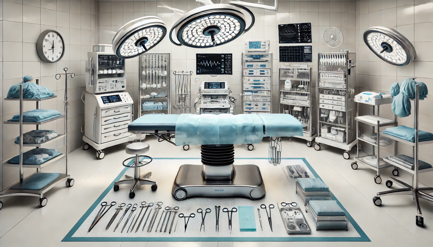 A modern surgical setup for abdominoplasty with detailed visualization of surgical tools and equipment, ready for a procedure.