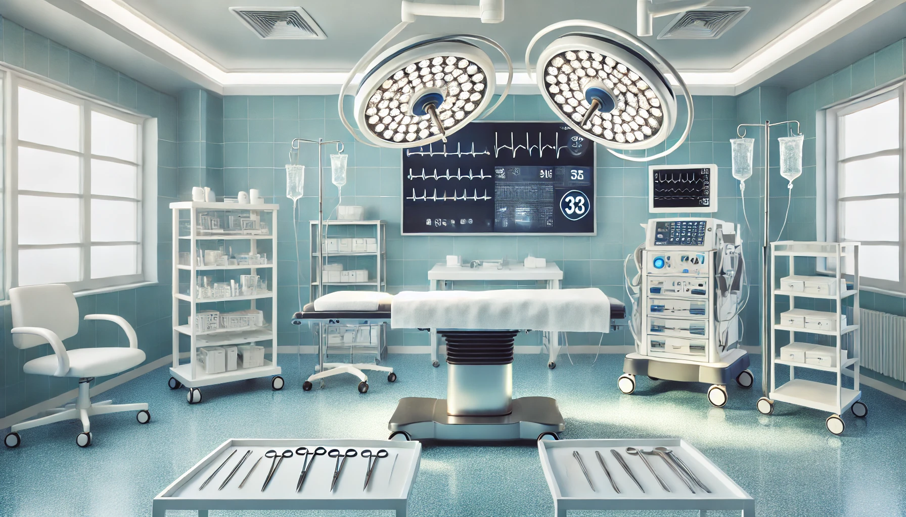 A peaceful and well-organized modern medical facility for abdominoplasty, featuring a clean and state-of-the-art operating room setup, with various surgical tools laid out neatly.