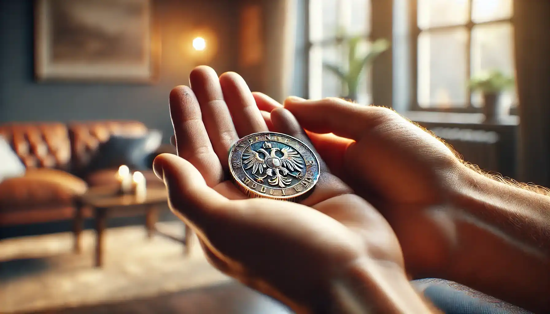 A highly detailed close-up of a coin resting on gently cupped hands, with a softly blurred cozy living room in the background bathed in warm ambient light.
