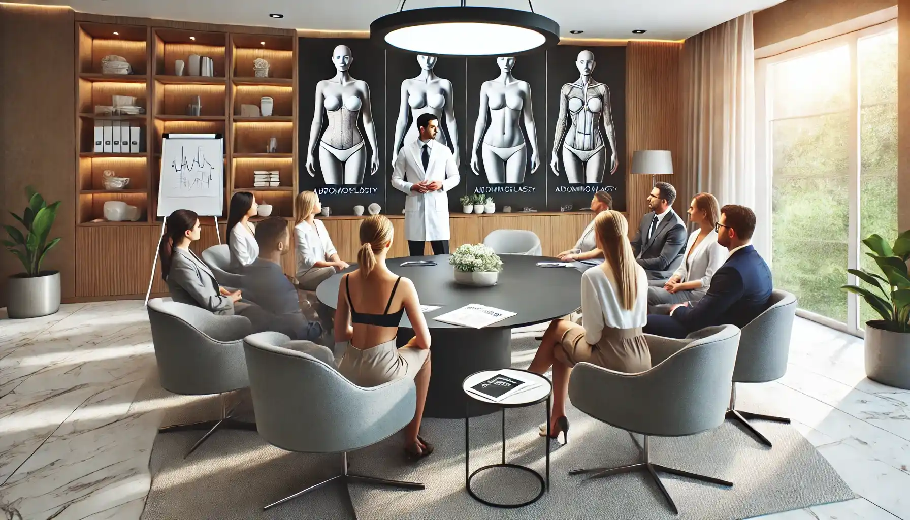 a modern consultation room designed for discussing abdominoplasty. 