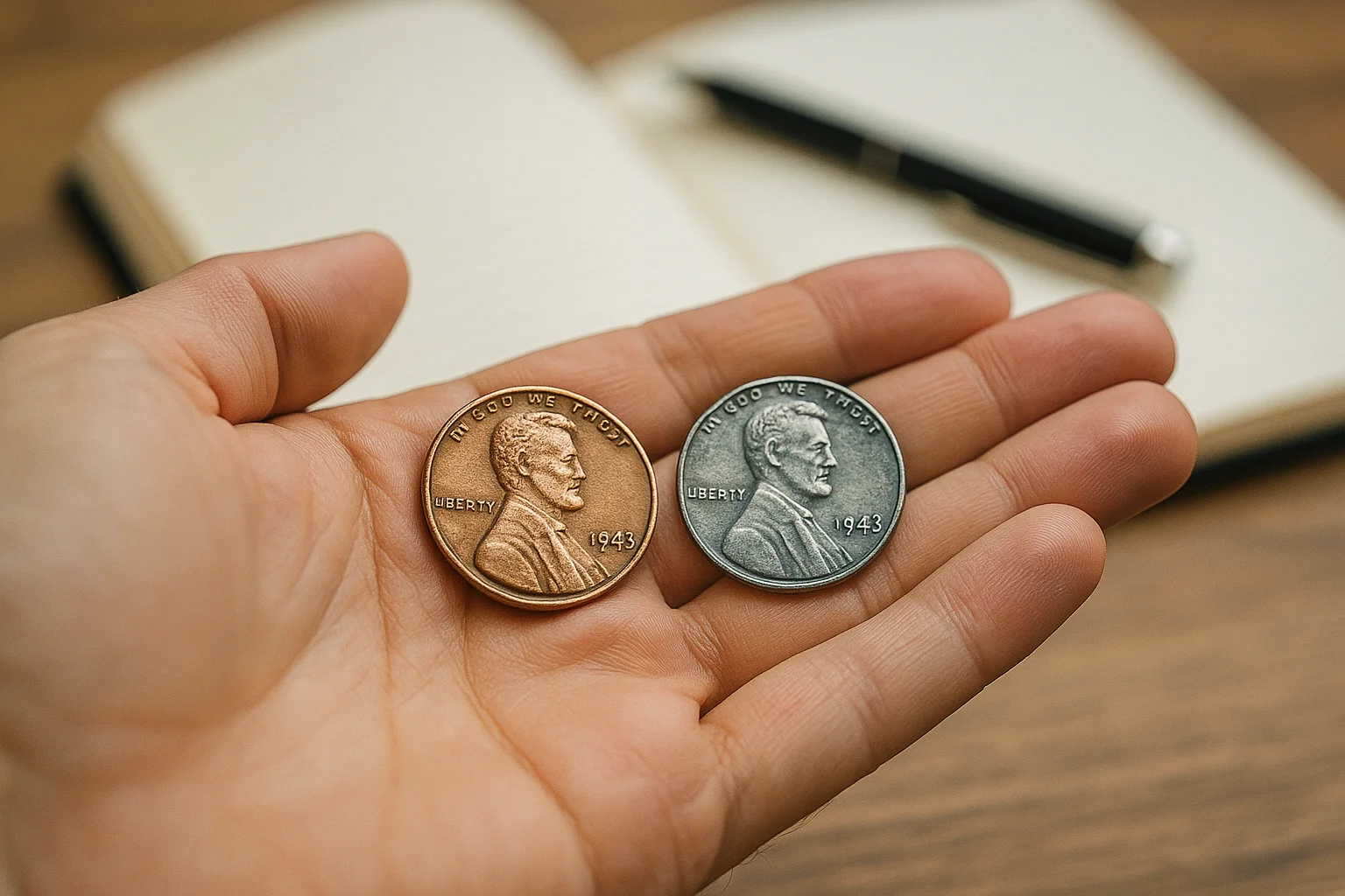 A hand holds both a 1943 copper penny and a 1943 steel penny side-by-side, clearly showing the difference in color and material.